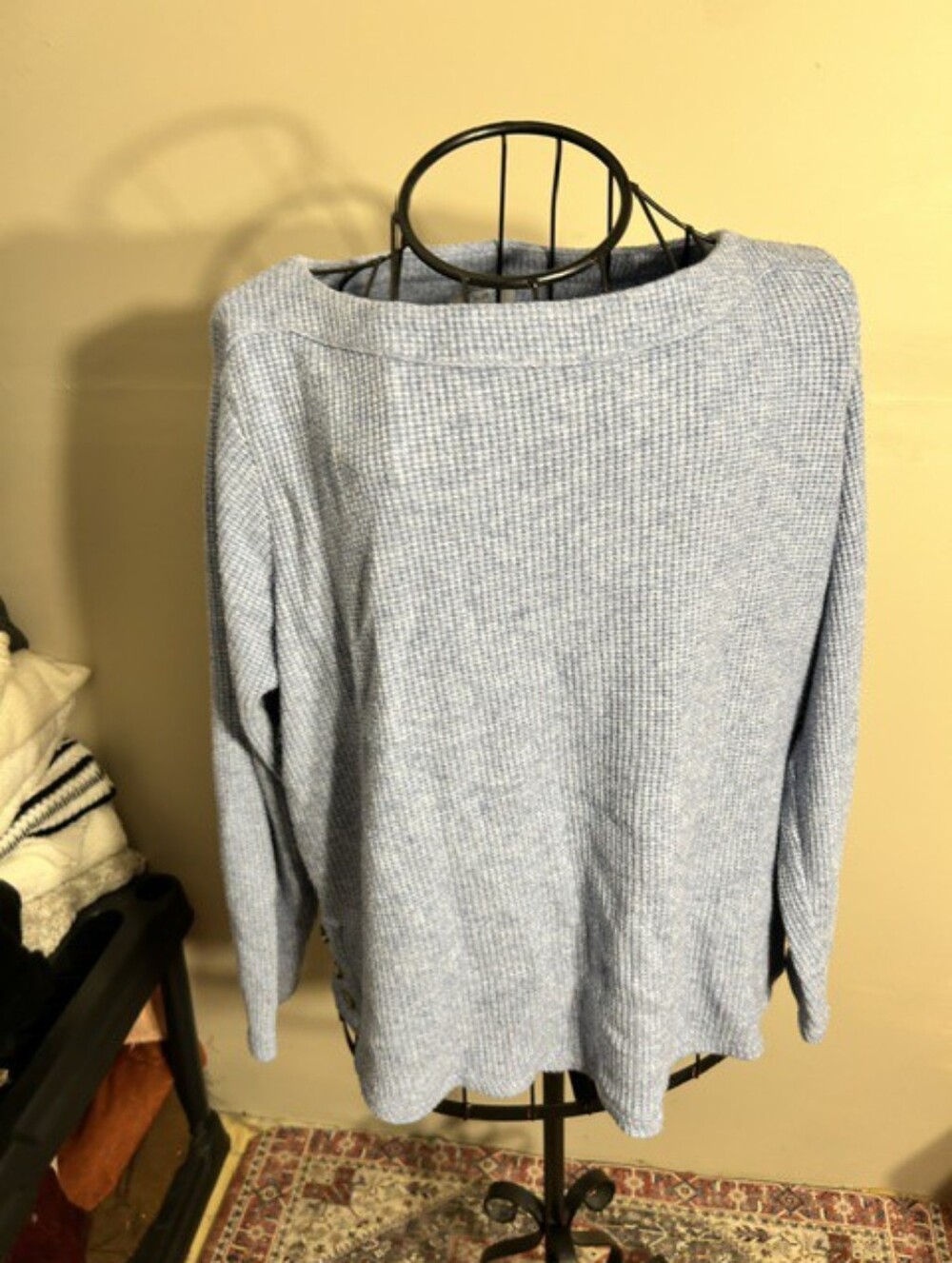 thick Size 1x womens  blue waffle knit long sleeve shirt top 1 x plus sized tee
